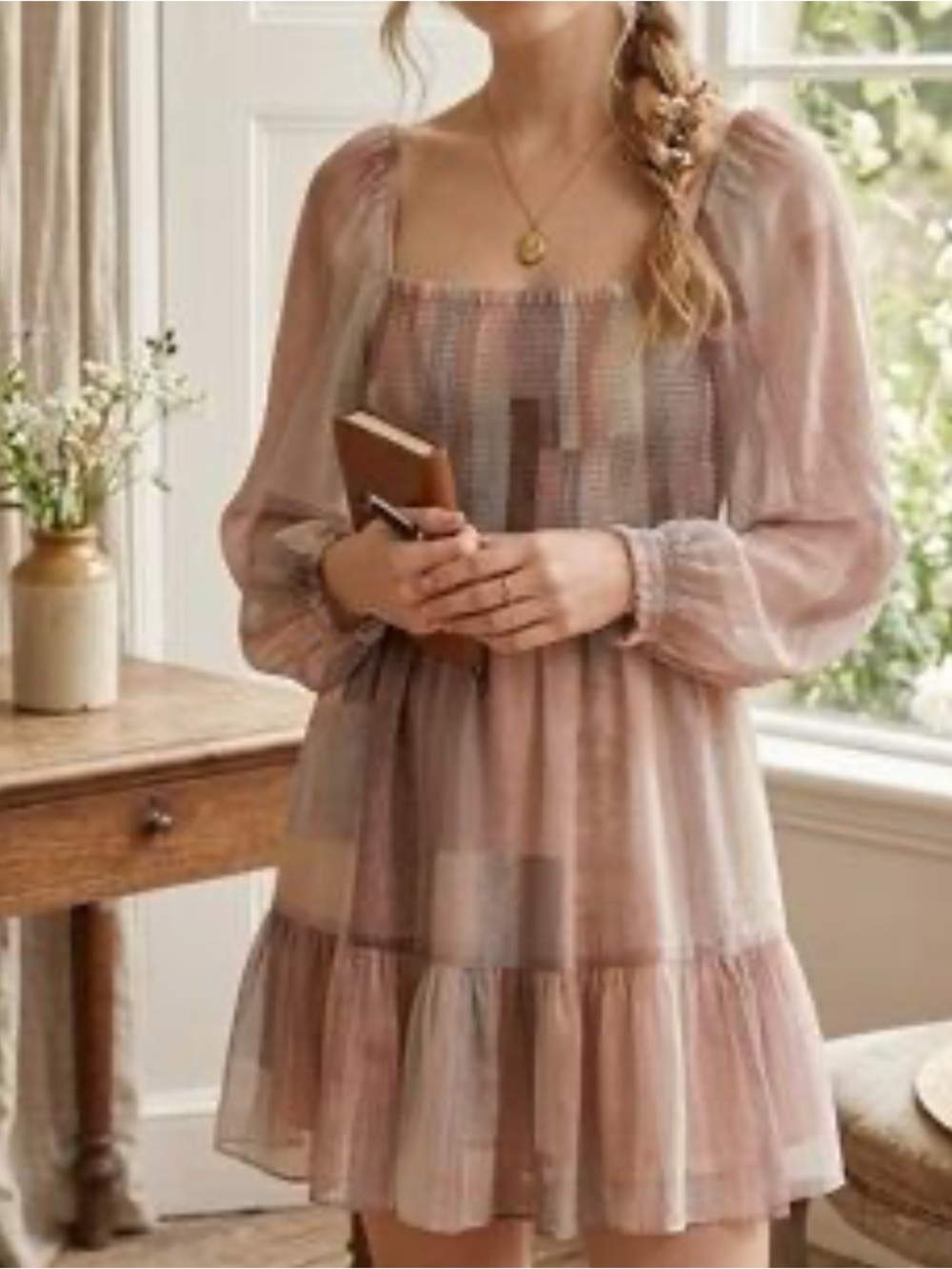 Aritzia Smocked Patchwork Mini Dress — Mauve & Blush Tones size S - Picture 1 of 14
